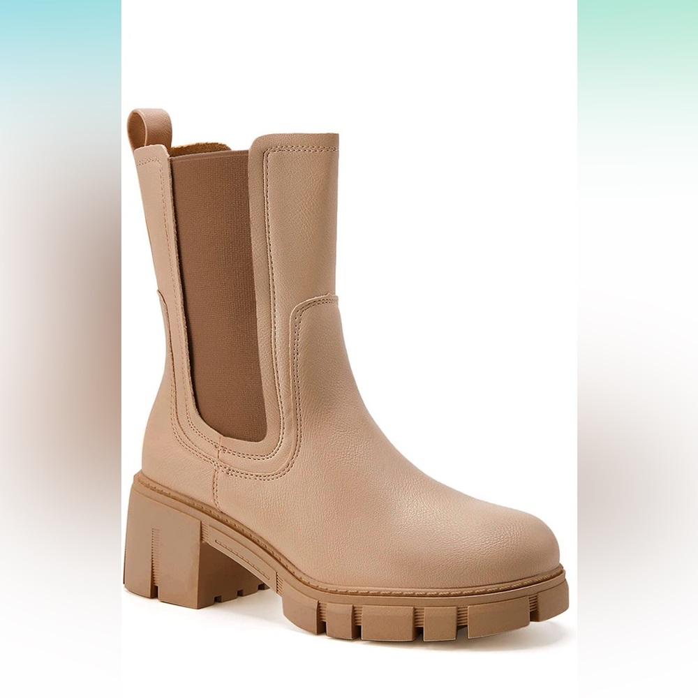 Platform Boots Mid Calf Elastic Chunky Block Heel Leather Chelsea Booties